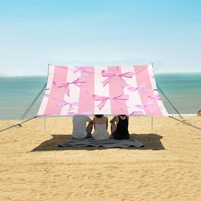 ALAZA Pink Bow Stripe Beach Tent Sun Shelter Portable Canopy Sunshade for Outdoor Camping Picnics Backyard Fun 10x9 ft