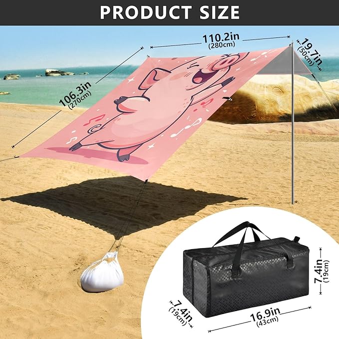 ALAZA Cute Pig Dancing Beach Tent Sun Shelter Portable Canopy Sunshade for Outdoor Camping Picnics Backyard Fun 10x9 ft