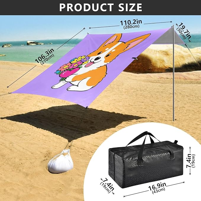 ALAZA Cute Corgi Dog Puppy Beach Tent Sun Shelter UPF50+ Protection Beach Shade Canopy w/ 4 Sandbags for Outdoor Camping Fishing Backyard Fun Picnic 10x9 ft