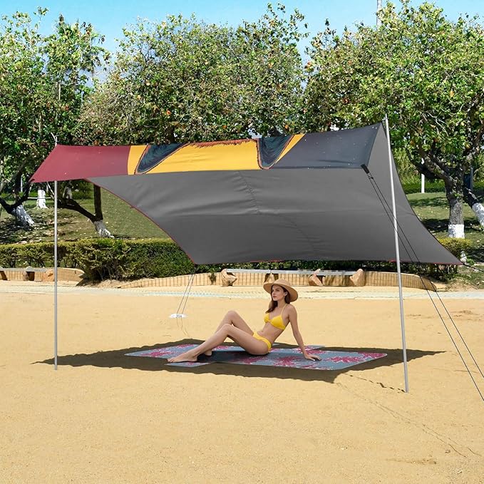Sunset Wolf Beach Tent Sun Shelter Set UPF50+ UV Protection 10.5 x 9.19 FT Camping Shade Canopy with Sandbags Sand Anchors Carrying Bag and Others