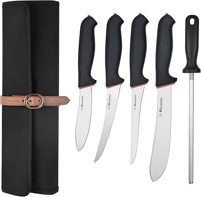 6PCS Professional Butcher Knife Set with Softgrip 8 Butcher 6 Semi-Flex/Stiff Boning 5 Skinning 8 Sharpener Rod &amp Knife Roll Bag for Home Kitchen Camping Hunting