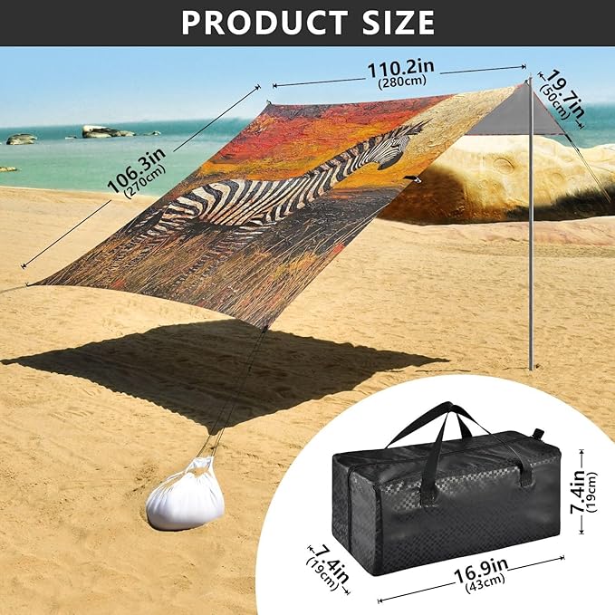 ALAZA Wild Zebra with Sunset Beach Tent Sun Shelter Portable Canopy Sunshade for Outdoor Camping Picnics Backyard Fun 10x9 ft