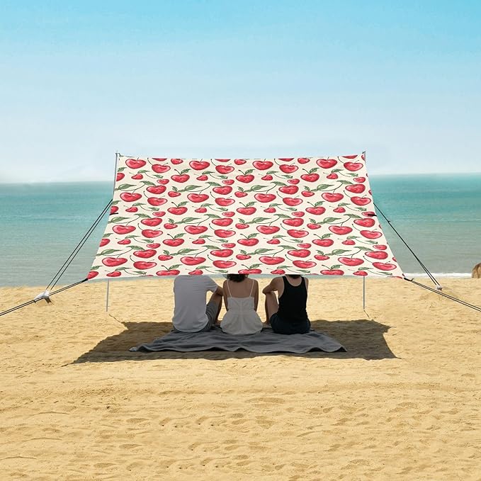 ALAZA Cherry Love Heart Beach Tent Sun Shelter UPF50+ Protection Beach Shade Canopy w/ 4 Sandbags for Outdoor Camping Fishing Backyard Fun Picnic 10x9 ft