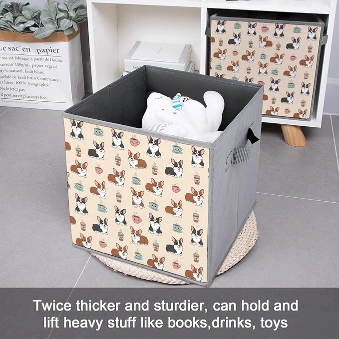 Foldable Storage Box with Handles Coffee Corgi Durable Collapsible Cube Bin for Organizing Toys Books Clothes Versatile Home &amp Office Solution