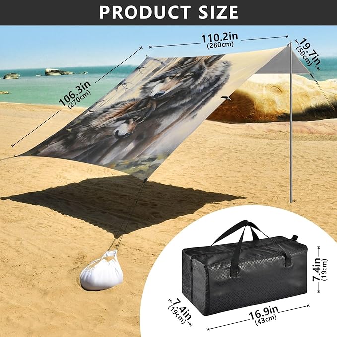 ALAZA Two Wolf Huge Beach Tent Sun Shelter Portable Canopy Sunshade for Outdoor Camping Picnics Backyard Fun 10x9 ft