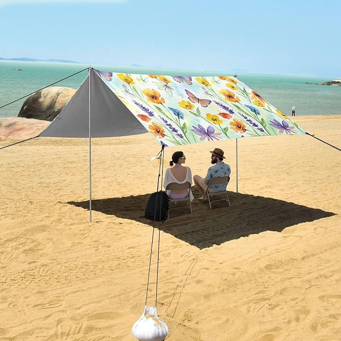 Wildflowers Beach Canopy Sun Shelter with Sandbags &amp Sand Shovel &amp Windproof Ropes - Portable 110x126 Beach Shade Beach Tent for Camping Picnics