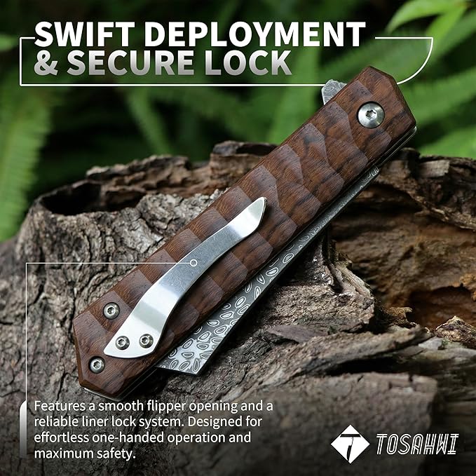 Pocket Knife Damascus Steel 3.54 Tanto Blade Folding Knife for Rosewood Handle with Clip for Men Women for EDC Camping Gift