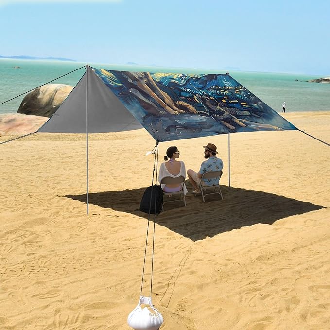 ALAZA Dog Gogh Starry Night Sky Beach Tent Sun Shelter UPF50+ Protection Beach Shade Canopy w/ 4 Sandbags for Outdoor Camping Fishing Backyard Fun Picnic 10x9 ft