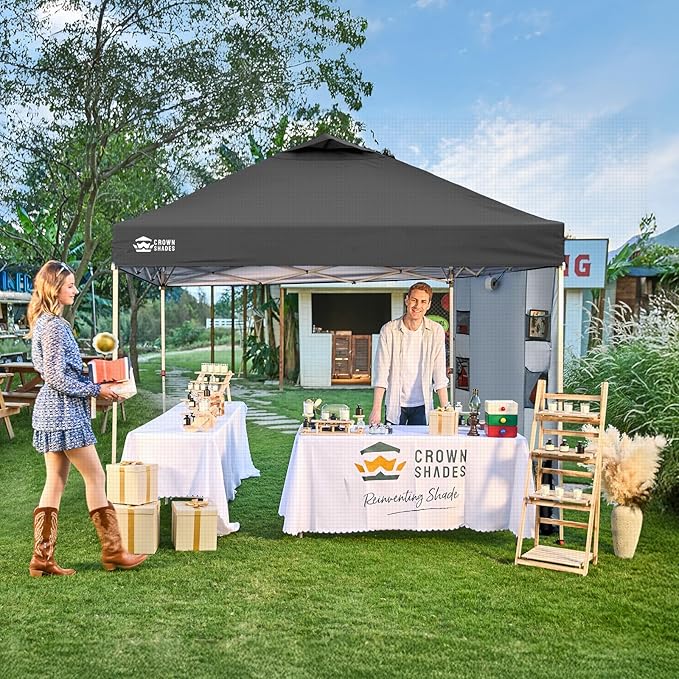 CROWN SHADES Canopy Tent 10x10 Pop Up Canopy Outdoor Shade with Pockets Sidewall Easy Up Sun Shelter with One Person Set Up Center Lock Portable Instant Camping Beach Canopies Tents Grid Grey