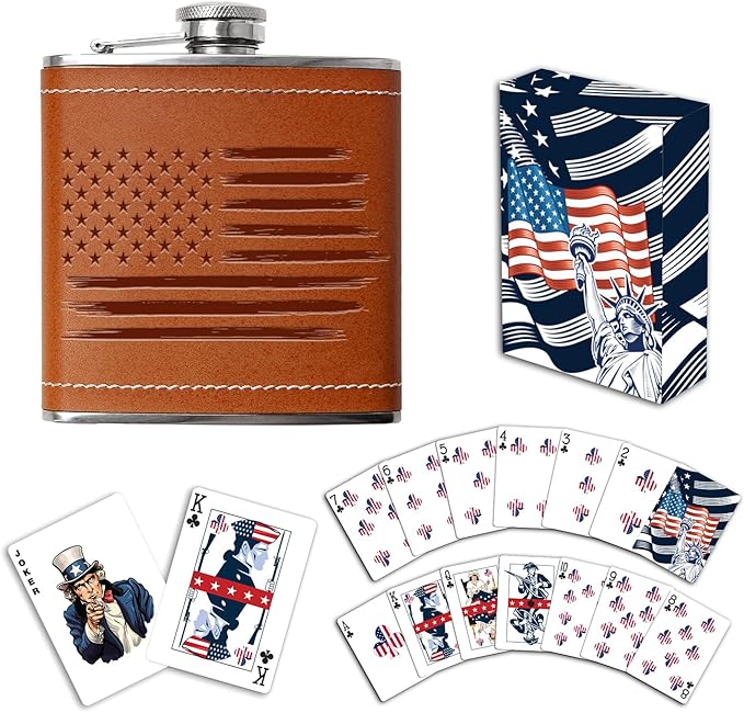 American Flag Flask &amp Cards Set Leather-Wrapped USA Hip-Flask with Playing Cards | Disabled Vet Owned SMALL Business | USA-Flag Flask-Card-Set