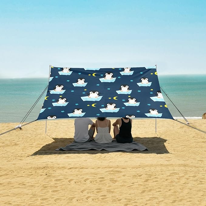 Beach Canopy with Windproof Ropes &amp Sandbags Beach Tent Sun Shade Sun Shelter for Camping Trips Fishing Backyard Fun or Picnics Penguins
