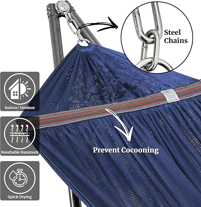 Tranquillo Universal Double Hammock with Stand Included for 2 Persons/Foldable Hammock Stand 600 lbs Capacity Portable Case - Inhouse Outdoor Camping Aegean