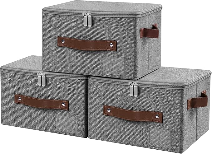Lucky Monet 3PCS Storage Bins with Zipper Lids 10x8x7 Foldable Lidded Fabric Storage Boxes Baskets Cotton Linen Closet Shelf Clothes Organizer Container with Handles &amp Label Pocket (Grey Small