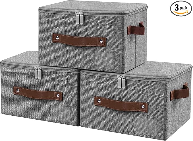 Lucky Monet 3PCS Storage Bins with Zipper Lids 10x8x7 Foldable Lidded Fabric Storage Boxes Baskets Cotton Linen Closet Shelf Clothes Organizer Container with Handles &amp Label Pocket (Grey Small