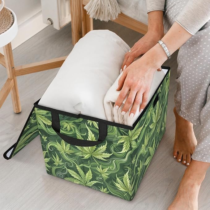 Leaf Storage Bins with Lids Green Leave Foldable Storage Boxes with Carrying Handle Organizer Containers Baskets Cube for Home Bedroom Closet