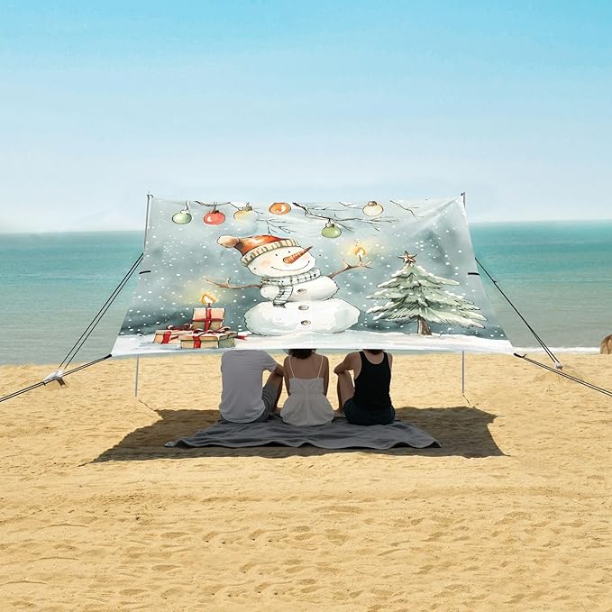 ALAZA Christmas Snowman Winter Beach Tent Sun Shelter UPF50+ Protection Beach Shade Canopy w/ 4 Sandbags for Outdoor Camping Fishing Backyard Fun Picnic 10x9 ft