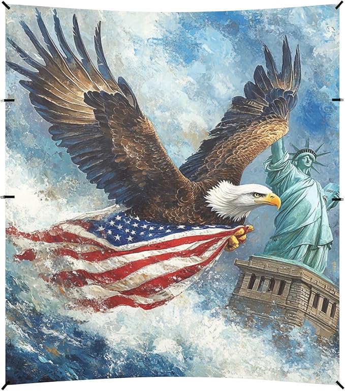 ALAZA Bald Eagles Flying Carrying American Flag The Statue of Liberty Beach Tent Sun Shelter Portable Canopy Sunshade for Outdoor Camping Picnics Backyard Fun 10x9 ft