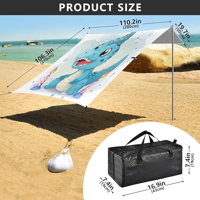 ALAZA Cute Dino Dinosaur Birthday Beach Tent Sun Shelter UPF50+ Protection Beach Shade Canopy w/ 4 Sandbags for Outdoor Camping Fishing Backyard Fun Picnic 10x9 ft