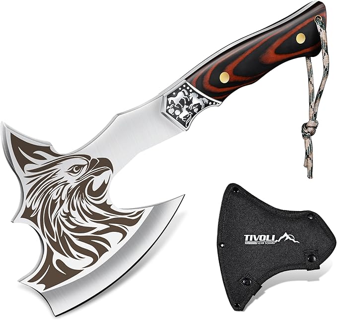 TIVOLI Camping Axe Eagle - Patterned Survival Hatchet with Nylon Sheath High Carbon Steel Blade Compact Outdoor Bushcraft Axe with Ergonomic Wood Grip Camping Gear for Hiking Chopping Hunting
