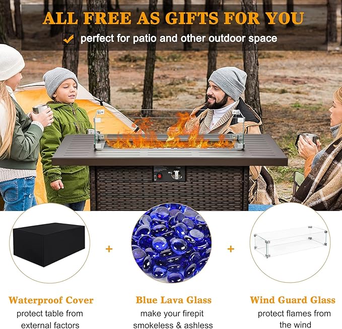 LayinSun 44 Propane Gas Fire Pit Table 55000 BTU Rectangular Fire Pit with Glass Wind Guard for Outside Patio Deck Garden Backyard Brown-Aluminum Top