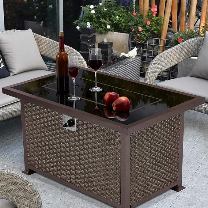 U-MAX 44in Outdoor Propane Gas Fire Pit Table 50000 BTU Auto-Ignition Gas Firepit with Glass Wind Guard Black Tempered Glass Tabletop &amp Blue Glass Rock Brown PE Rattan CSA Certification