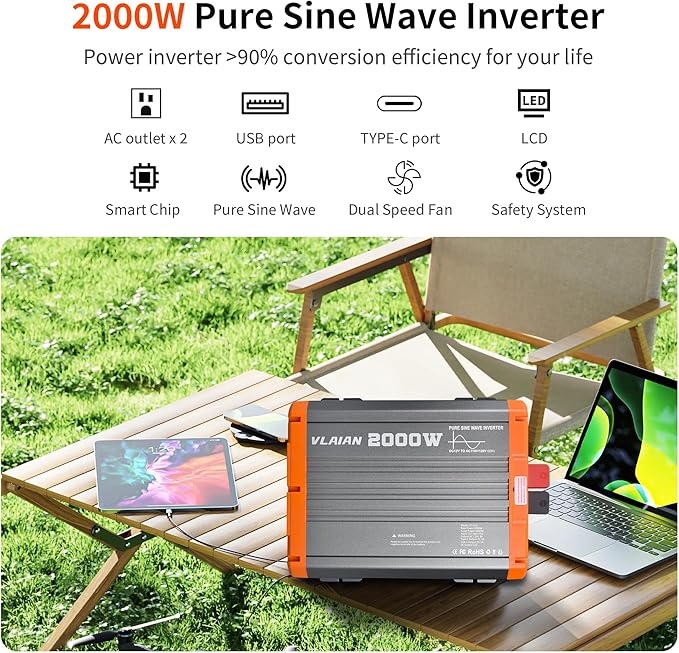 2000W Pure Sine Wave Inverter12V DC to 110V AC Power Inverter for Vehicles RVTruckCarSolar Off-Grid Converter with 2 AC Outlet27W Type-C5V 3A USB-AHardwire Port16ft Remote Controller