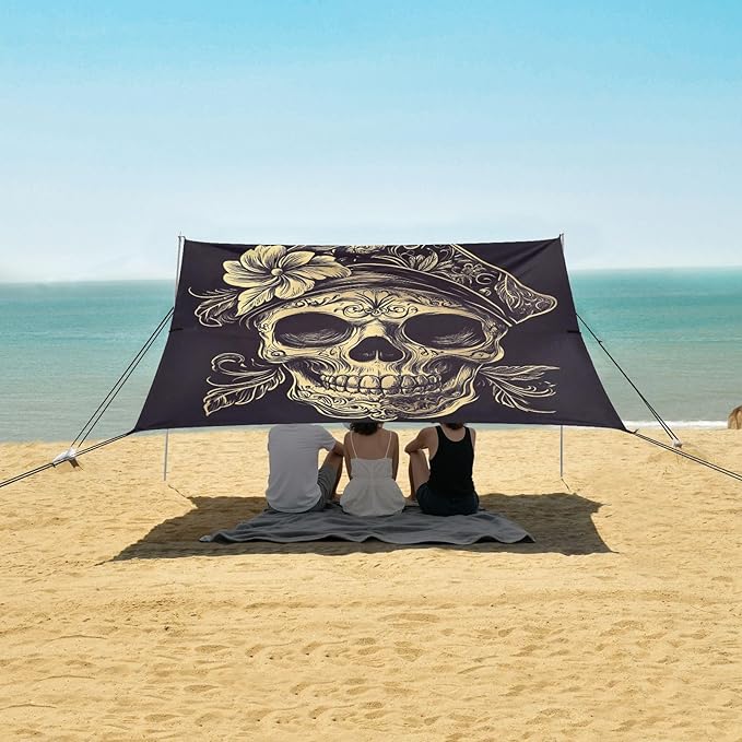 ALAZA Pirate Skull and Floral Beach Tent Sun Shelter Portable Canopy Sunshade for Outdoor Camping Picnics Backyard Fun 10x9 ft