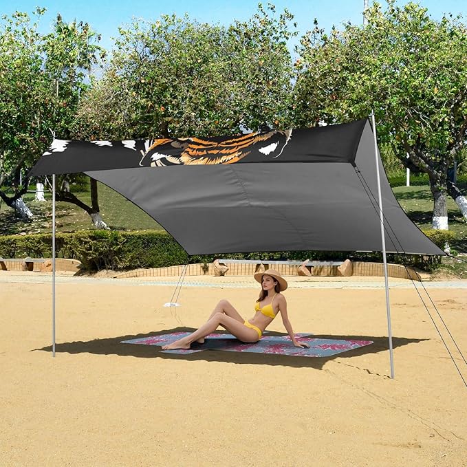 ALAZA Tiger Swooping Howling Beach Tent Sun Shelter UPF50+ Protection Beach Shade Canopy w/ 4 Sandbags for Outdoor Camping Fishing Backyard Fun Picnic 10x9 ft