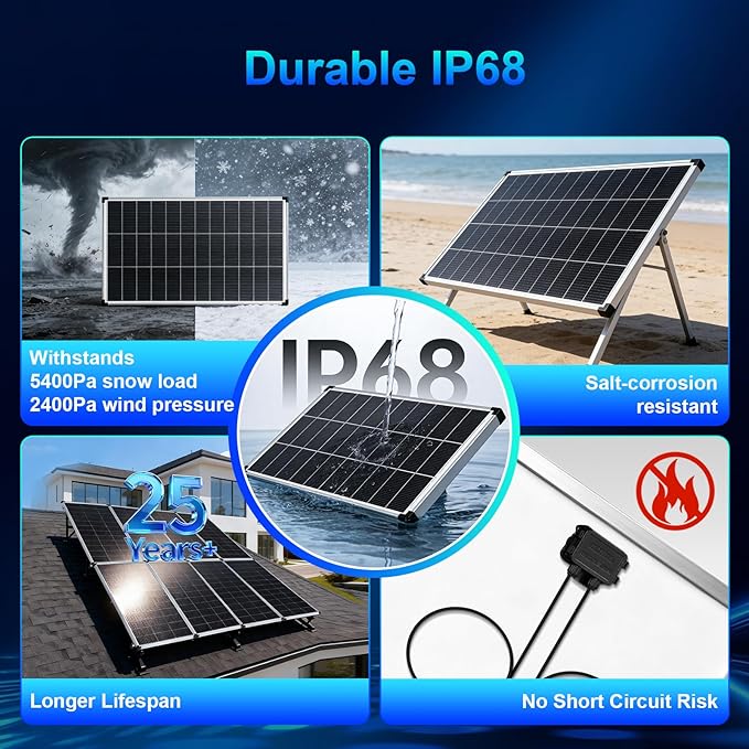 200 Watt Solar Panel18BB N-Type A+ Monocrystalline Cell 25% High Efficiency 12V IP68 Waterproof Solar Panel for Rooftop RV Farm Trailer Marine Home Off-Grid System (Silver 200W)