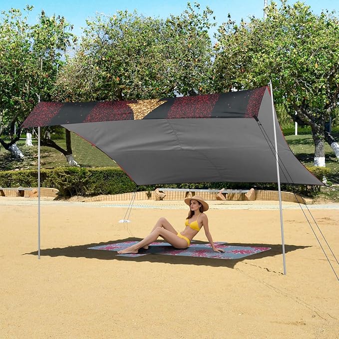 Merry Christmas Buffalo Plaid Red Stable Beach Tent UPF50+ Waterproof Large Portable Sun Shelter with Sandbags Sand Shovel Poles for Backyard and Camping