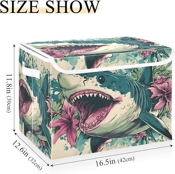 Storage Cube with Lid Floral Fish Print 16.5×12.6×11.8 IN Collapsible Large Capacity Foldable Storage Basket Bin Organizer