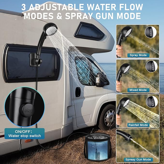 Portable Shower for Camping Rechargeable Camping Shower with Collapsible Bucket with Handle 20L Intelligent LED Display 4 Spray Modes Outdoor Shower Kit for Hiking Travel Car Pet 【Black】