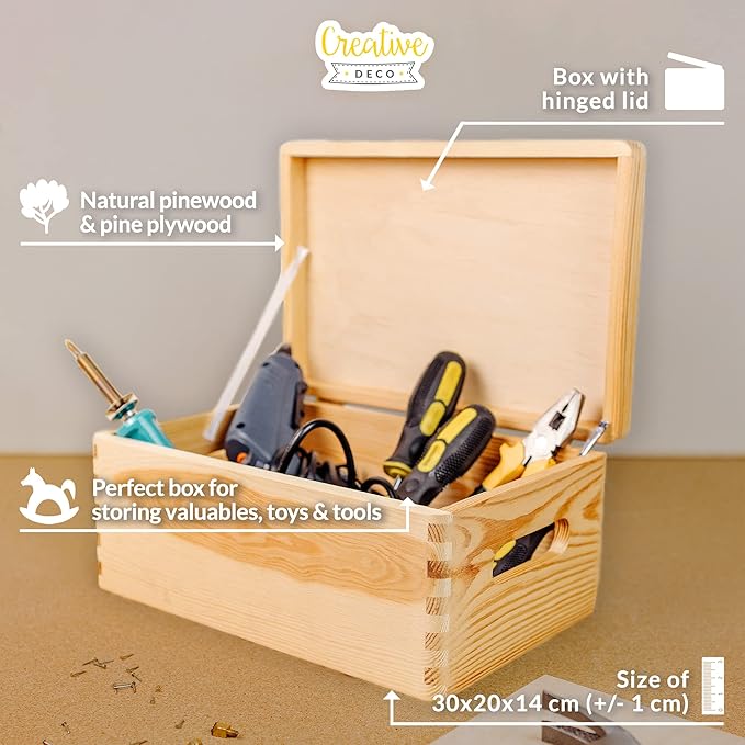 Creative Deco Large Wooden Storage Box with Hinged Lid | 11.8 x 7.87 x 5.51 in (+-0.5) | Keepsake Unfinished Plain Unpainted Gift Box with Handles for Tool Toy Kitchen | ROUGH &amp UNSANDED Wood Trun