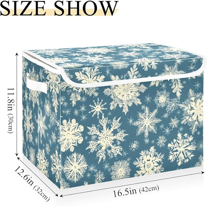Pretty Christmas Snowflakes Blue Storage Box with Lid 1 PC Foldable Storage Bin with Lids Stackable Storage Bins Cube Closet Organizer Basket with Flip-Top Lid &amp Handles for Shoes Books Towels