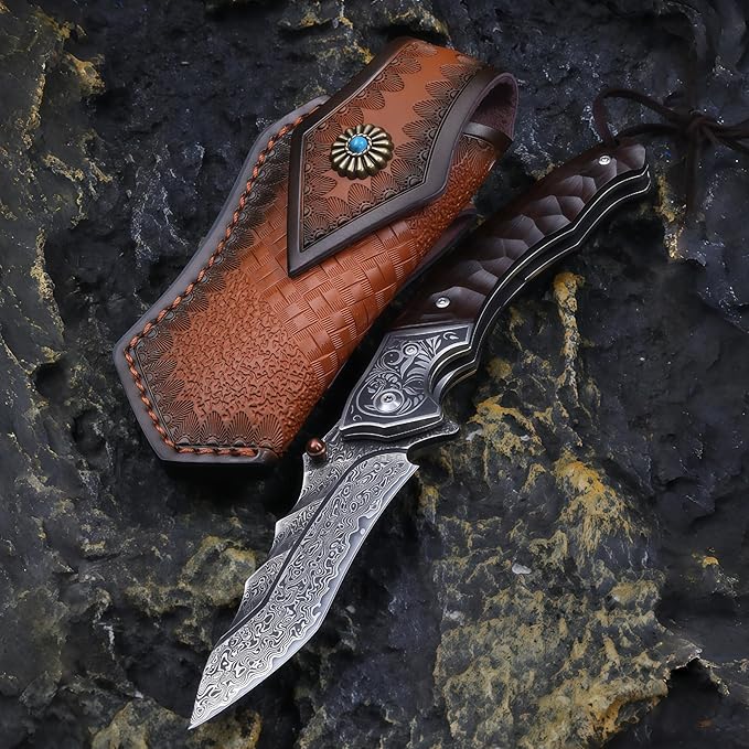 Damascus Steel Folding Knife Hunting Knives &amp Tools Personalized Engraving HRC 58-60 Damascus Hunting Knife with Leather Sheath Lightweight Outdoor Knife for Backpacking Men Gifts