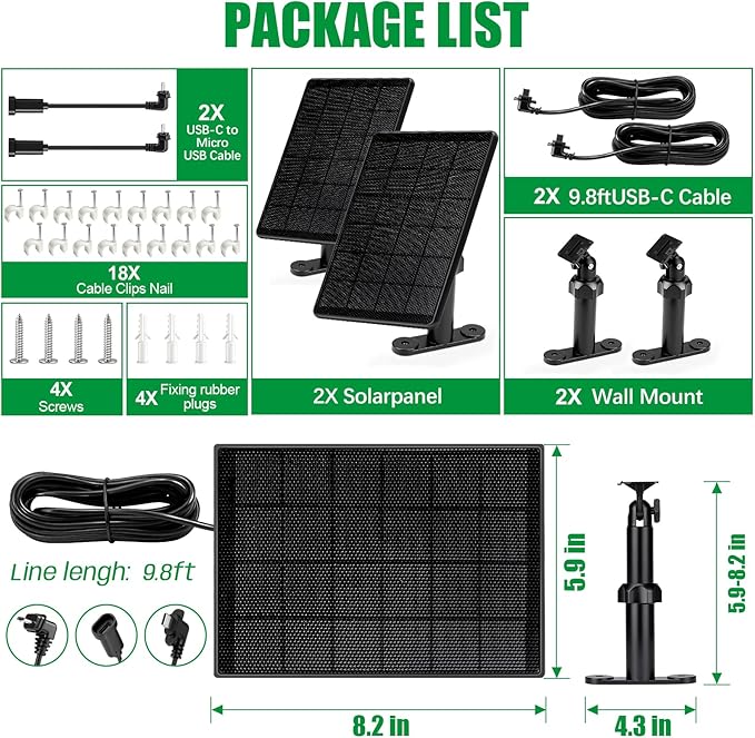 6W Solar Panel for Blink Camera Solar Charger with Battery Compatible with Blink Outdoor 4(4th Gen)/(3rd Gen) XT3/XT2/XT Camera with USB-C to Micro USB Port Adapter 9.8ft Cable IP66 Waterproof