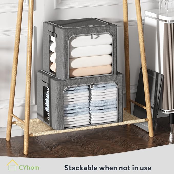 Clothes Storage Bins Box - Linen Fabric Foldable Stackable Container Organizer Set with Clear Window &amp Carry Handles &amp Metal Frame - 2Pack Large Capacity for Bedding Blankets Books