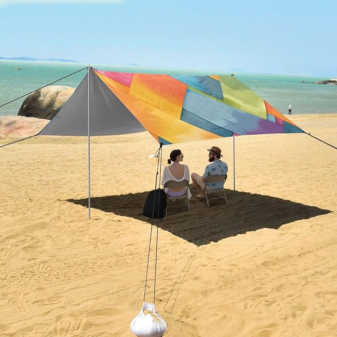 Gray Tie-dye Background Rainbow Colors Beach Tent &amp Canopy UPF50+ Protection Lightweight Sun Shelter with Sandbags Sand Shovel Poles for Family Trips Picnics &amp Camping