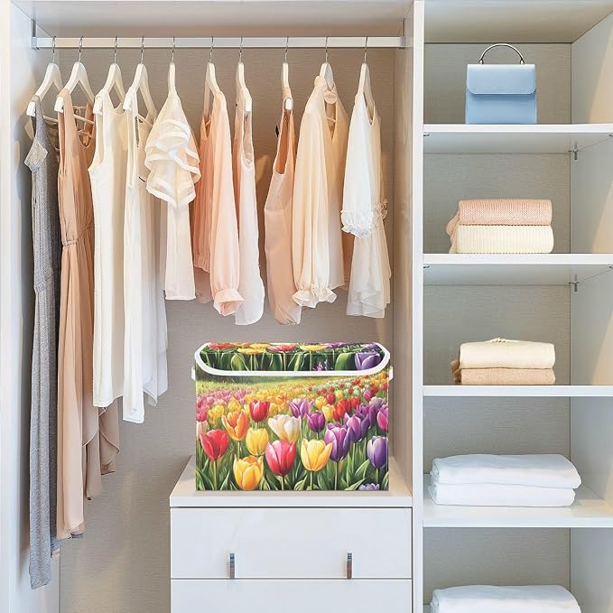 Cartoon Tulips Collapsible Storage Bins with Lids Decorative Fabric Cubes Closet Organizer Basket Boxes Containers for Clothes Box Chest Folding Rectangle