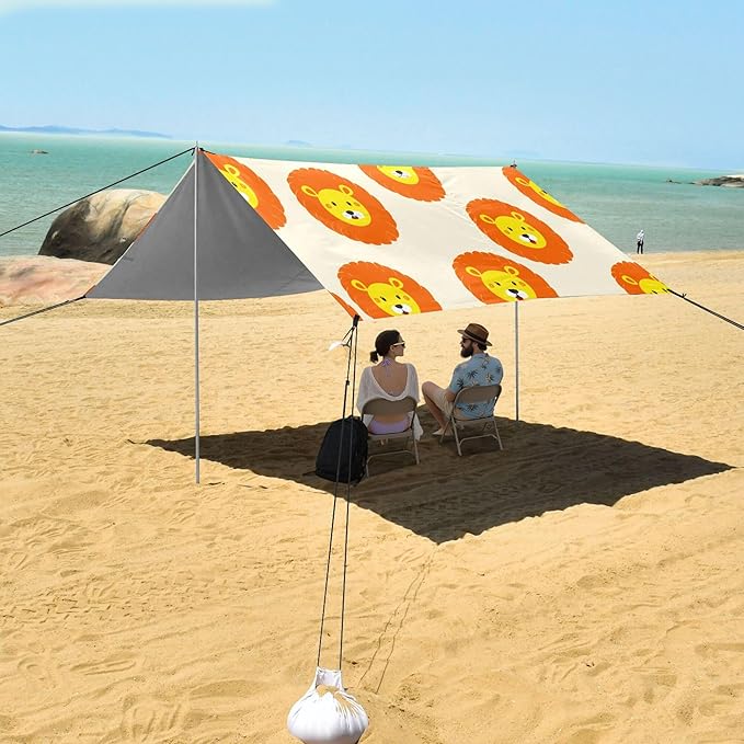 Lion Beach Canopy Sun Shelter with Sandbags &amp Sand Shovel &amp Windproof Ropes - Portable 110x126 Beach Shade Beach Tent for Camping Picnics