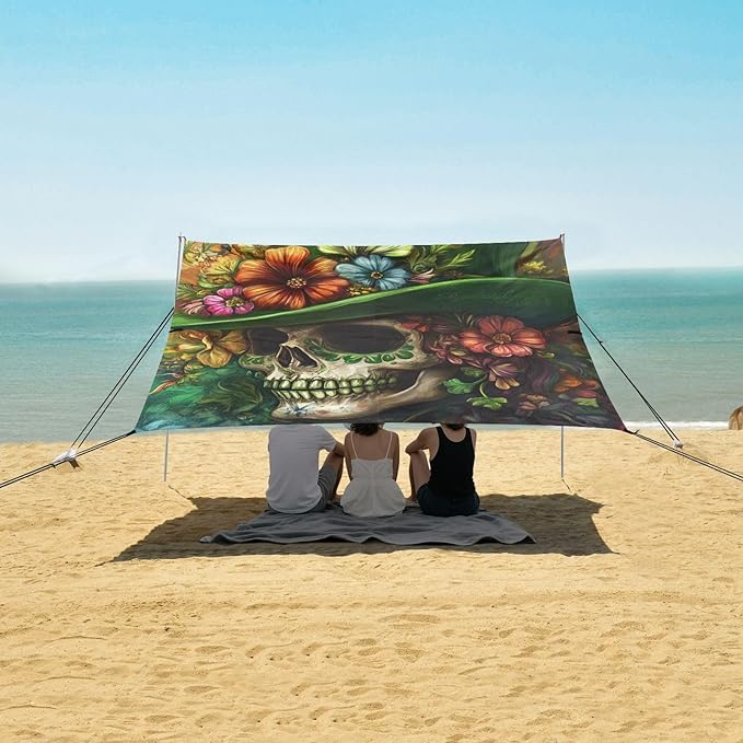ALAZA St Patrick's Day Floral Skull Beach Tent Sun Shelter Portable Canopy Sunshade for Outdoor Camping Picnics Backyard Fun 10x9 ft