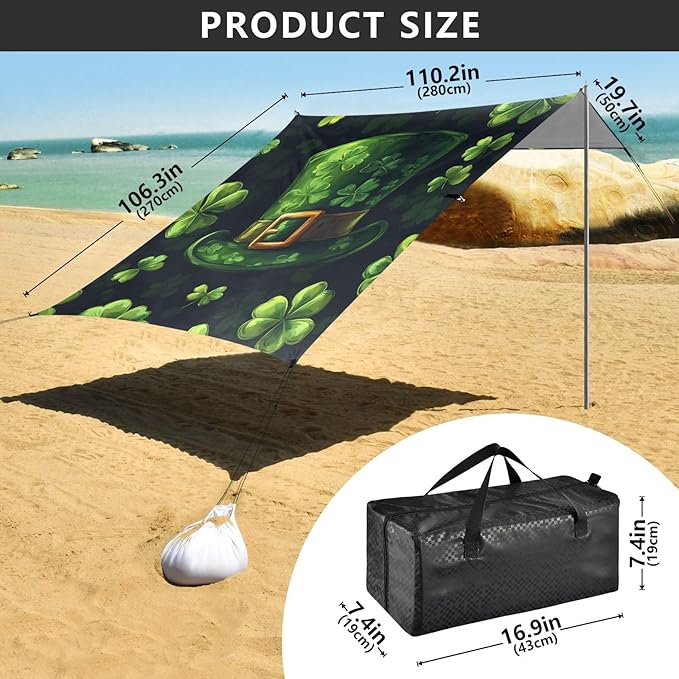 ALAZA Happy St. Patrick's Day Leprechaun Hat Clover Leaf Beach Tent Sun Shelter Portable Canopy Sunshade for Outdoor Camping Picnics Backyard Fun 10x9 ft