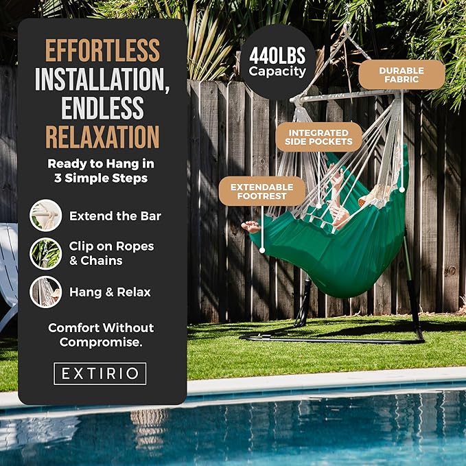 Hanging Hammock Chair Swing – Hanging Chair Outdoor &amp Indoor - Hammock Swing Chair – Quick &amp Easy Setup with Hardware Kit – Durable &amp Spacious Full Body Support – Holds 440 Lbs