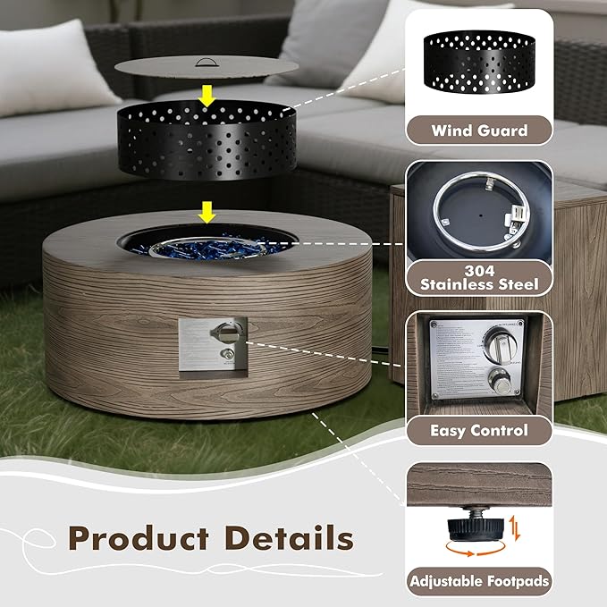 30 Round Propane Fire Pit Table - 50K BTU with Lid Rocks Tank Storage and Cover - Round Gas Fire Pits for Outside Patio - Outdoor Table with Firepit (Teak Finish 30 Round)