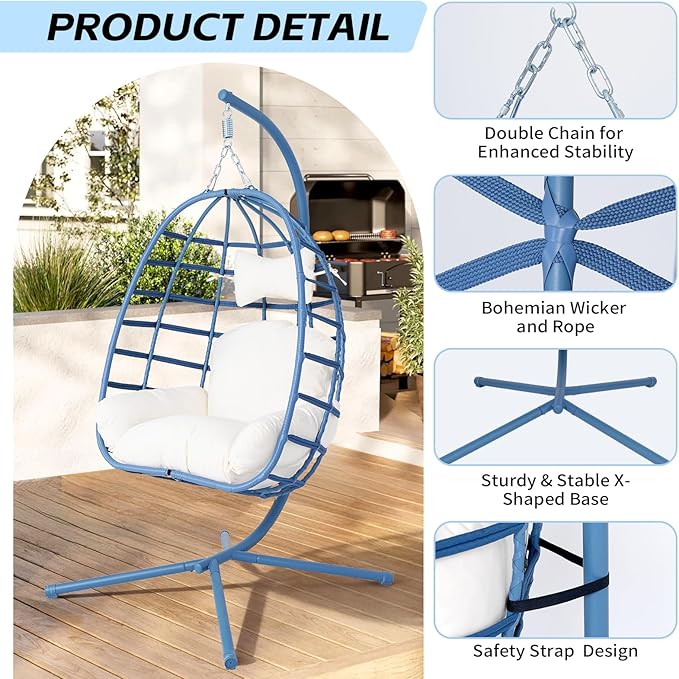 Hanging Egg Chair with Stand Outdoor Indoor Patio Rattan Swing Hammock Chairs with Washable Cushion 350lbs Capacity PE Wicker Swing Chair for Backyard Bedroom Garden (Blue + White Cushion)