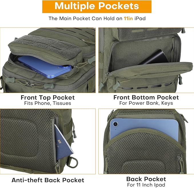 HUNTVP Sling Bag for Men Concealed Carry Bag Tactical Sling Bag Crossbody Molle CCW Chest Pack Backpack EDC Military Shoulder Bag with Holster &amp Accessory Slots Army Green
