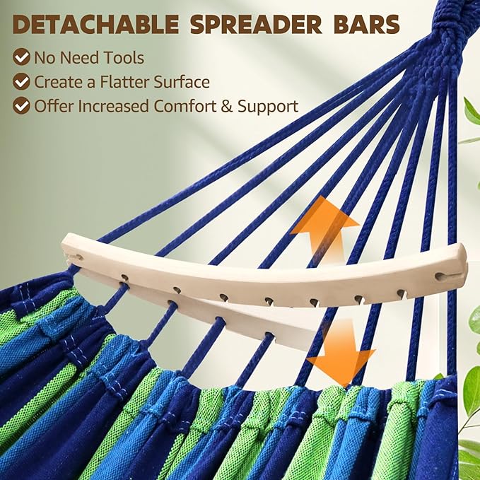 Chihee Cotton Hammock Holds Up to 660lbs Fabric Hammock 8.9x4.9ft Soft Portable Tree Hammocks Camping with Detachable Spreader Bar Pillow 2 Strong Webbings 2 Carabiners Indoor Outdoor Backyard Garden