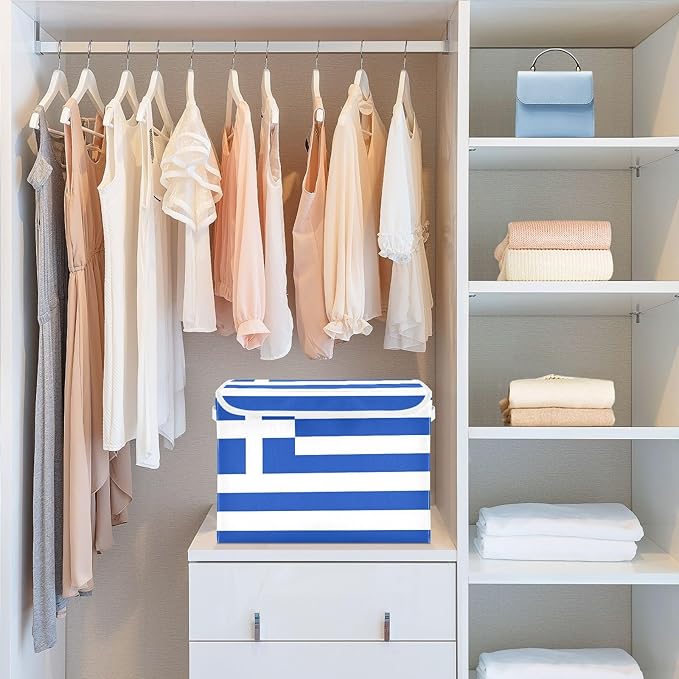 Greece Flag Fabric Decorative Storage Box Cube with Lids and Handle Collapsible Storage Boxes for Home Bedroom Closet Office.