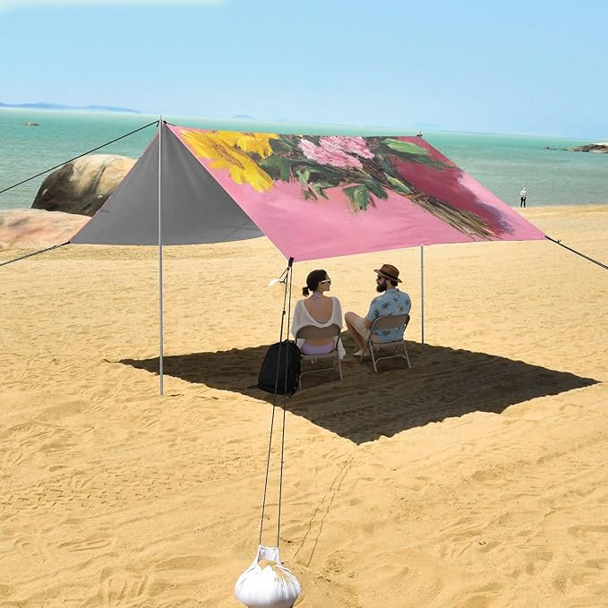 Oil Painting Bouquet on Pink Foldable Beach Tent UPF50+ Water-Resistant Sun Shelter with Sand Shovel Sandbags for Camping Picnics Backyard