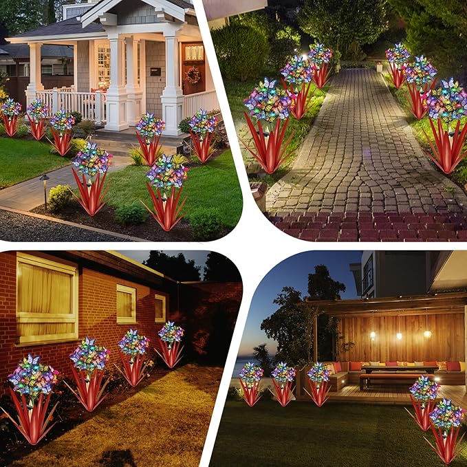 Homight Solar Metal Agave Butterfly Flower Stick Garden Sculpture - Outdoor Christmas Lights Swaying Solar Lights Gift (2 PCS RED)